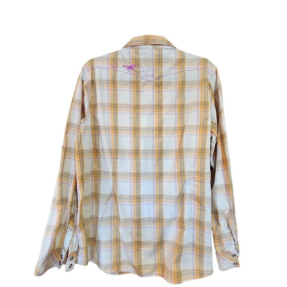 Bit & Bridle Womens Western Plaid Shirt W/ Embroidered Horses Snap Buttons Yello - Picture 2 of 7